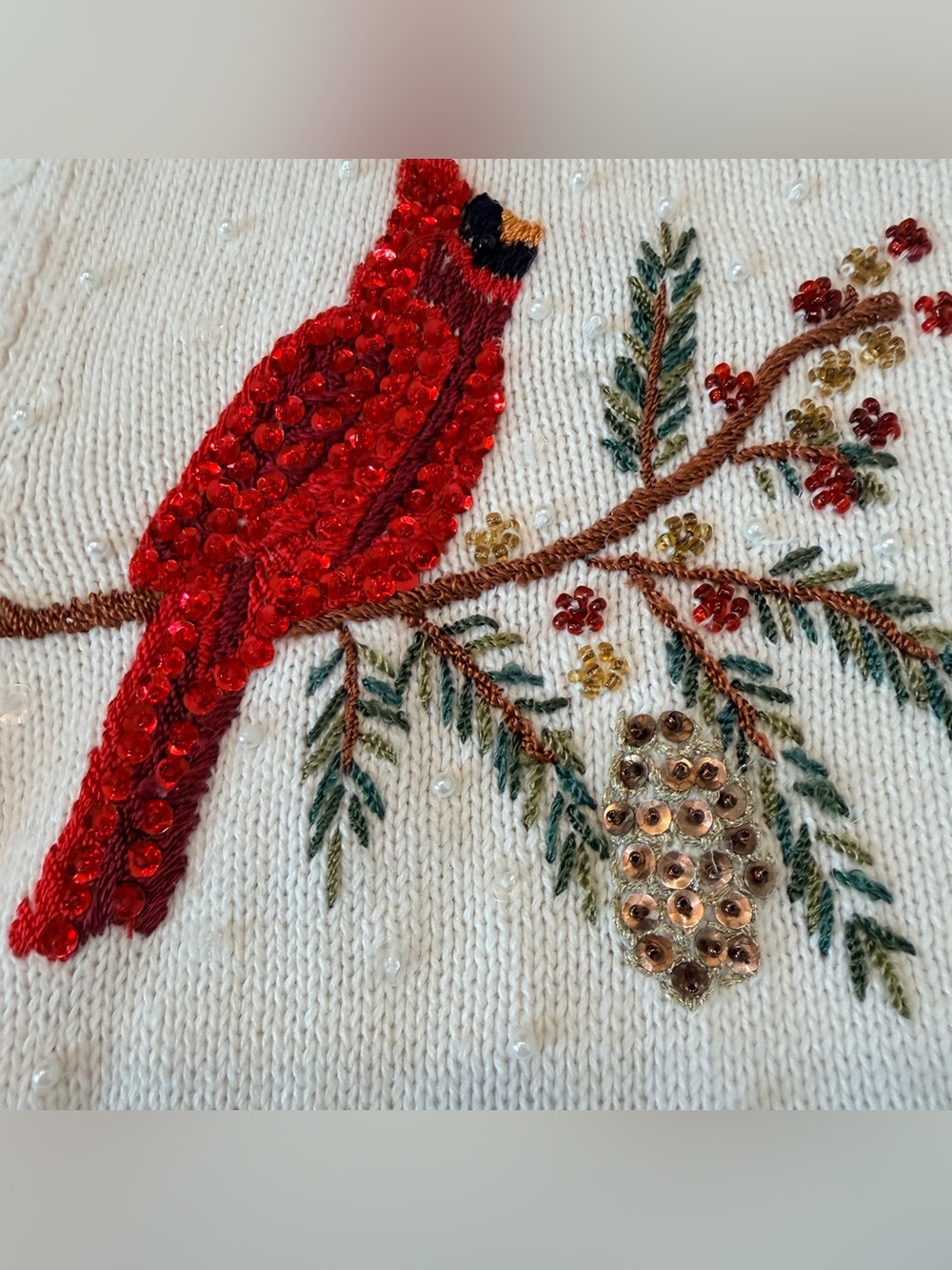Tiara International Christmas Cardinal Sweater M Beaded Zip Front Pom Pom Vtg - Picture 5 of 11
